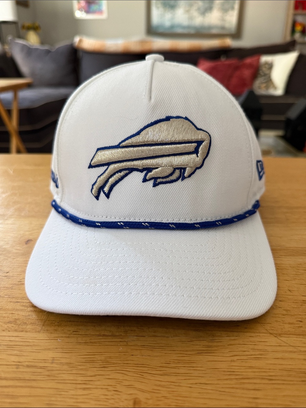 New Era White Cap with Blue Trim and Embroidered Buffalo Logo